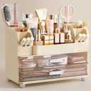 HBlife Makeup Organizer for Vanity with Brush Holder, Large Bathroom Countertop Cosmetic Organizer Skin Care Storage, Easy to Store Lipsticks, Nail Polishes, Perfumes, Eyeshadow Palettes, Beige