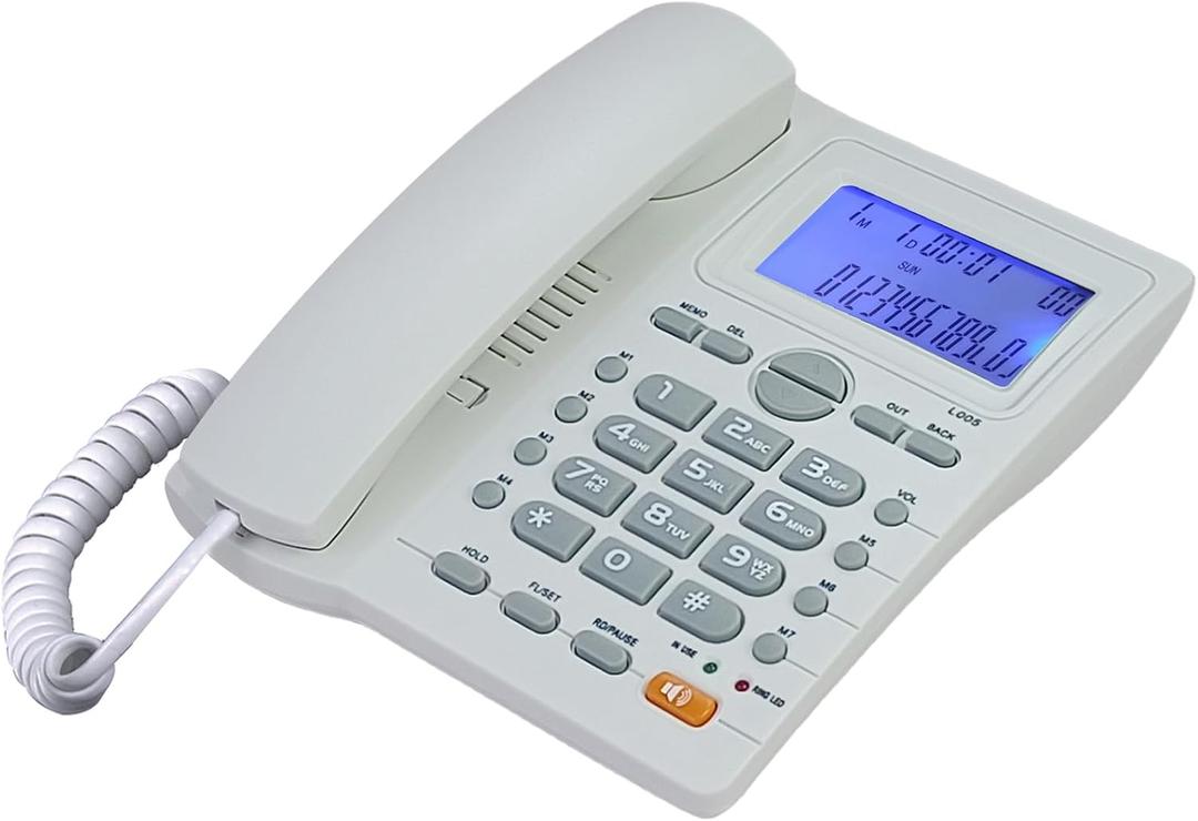 Corded Caller ID Telephone, TelPal Landline Home Phones with Blue Backlight & Speaker, Hands Free Analog Hotel Office Telephone Set, Desktop Speed Memory Dial Telephones for Seniors (White)