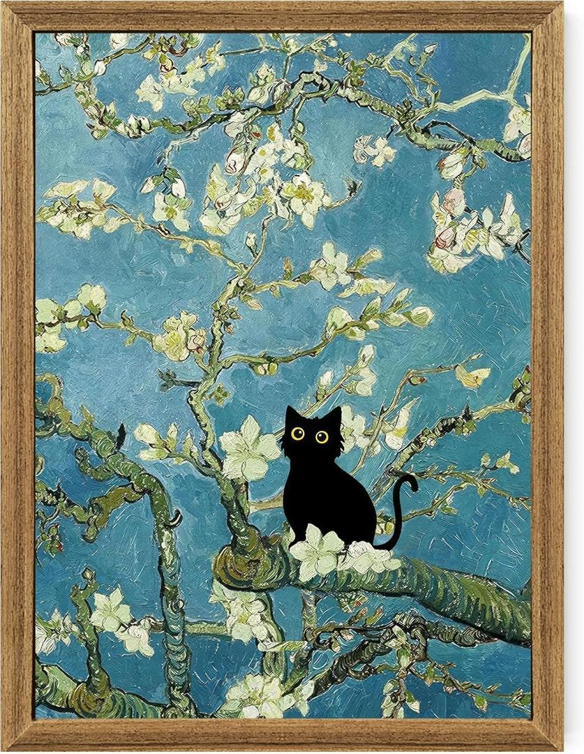 Fantasy Artists Van Gogh's Almond Blossom Funny Black Cat Canvas Wall Art, Oil Painting Posters Home Decor, Vintage Abstract Aesthetic Wall Decorations for Living Room Bedroom, 12'' x 16''