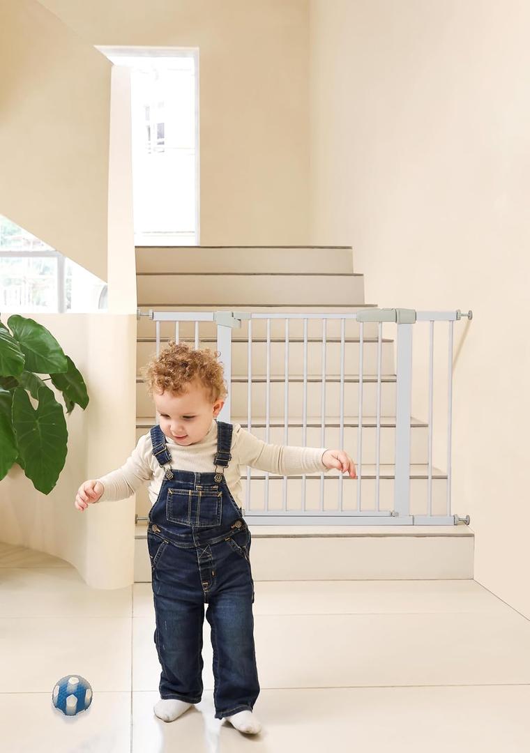 44.72"-46.89" Baby and Pet Safety Gate, 30" Tall Metal Walk-Thru Gate for Doorways & Stairs, Easy One-Hand Open, Dual Lock, Extensions & Wall Mounts Included (Gray, 29"-46" W x 30.5“H)