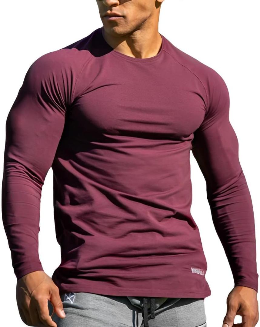 Men's Long Sleeve Muscle Shirt High Stretch Breathable Sweat-Wicking Bodybuilding Fitness Top for Gym & Sports (XXL)