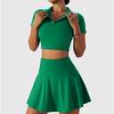 2 Piece Tennis Dress for Women High Waist Pleated Tennis Skirt with Shorts Short Sleeve Crop Golf Workout Skirts Sets (Green, XL)