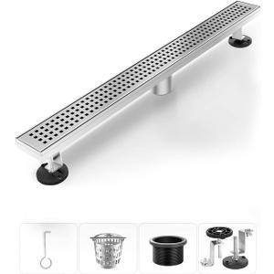Linear Shower Drain, Shower Drain 28 Inch(Brushed Nickel), Modern 304 Stainless Steel Shower Floor Drain with Grate Removable, Adjustable Leveling Feet, Rectangular Shower Drains for Bathroom (28IN)