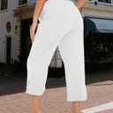Womens Summer Capris Pants Causal Drawstring Elastic Waist Pants Lightweight Trousers Buttons Trim with Pockets White, 2XL
