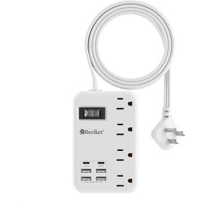 6 USB(2 USB C) Travel Power Strip- Flat Plug Extension Cord 3 Feet with 4.8A 24W USB Charging Station and 4 Outlets, 3 FT Short Extension Cord Portable for Travel Cruise Office College Dorm