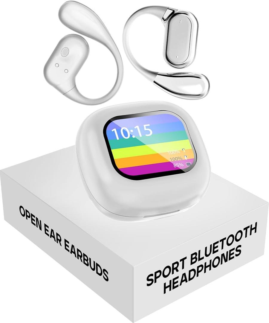 Open Ear Earbuds Wireless Bluetooth 5.4 with Touchscreen Charging Case, 32H Playtime, 6g Lightweight Running Headphones, Sport Over The Ear Earbuds for Running Cycling Workouts...White