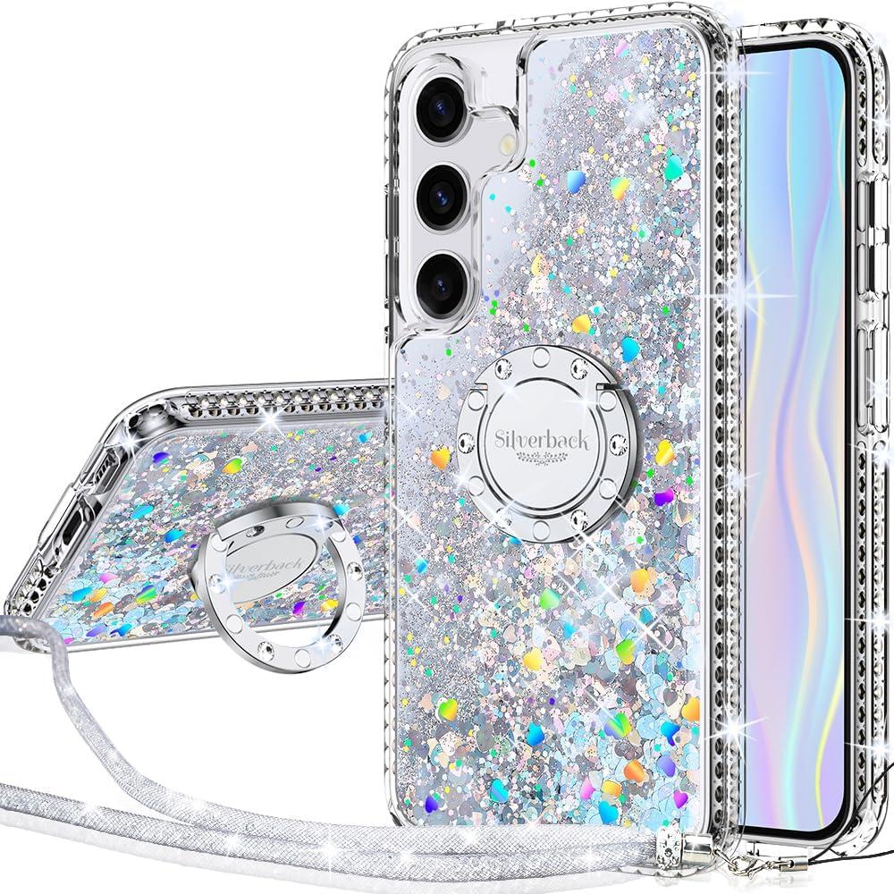 Silverback for Samsung Galaxy S25 Plus Case with Ring, Women Girls Bling Holographic Sparkle Glitter Cute Cover,Diamond Ring Protective Phone Case for Galaxy S25 Plus - Clear Silver