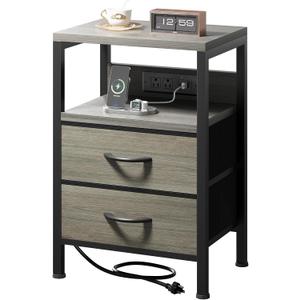 Lazzanto NightStand Bedside Charging Table Bedroom - Night Stand with Charger Station, Modern Nightstand with Open Shelf & 2 Fabric Drawers, End Table with USB-C USB Ports & AC Outlets for Dorm, Grey