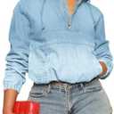 PINSV Women's Half Zip Denim Hoodie Pullover Jacket Jean Sweatshirt Tops Small