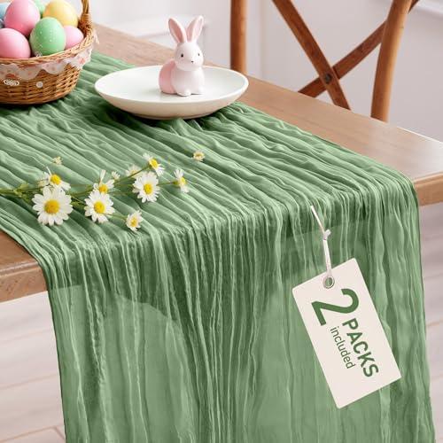 Pureegg 2-Pack Cheesecloth Table Runner, 120'' Easter Spring Boho Gauze Table Runner Decorations for Party, Baby Shower, Wedding and Farmhouse, Fabric Room Decor, Sage Green