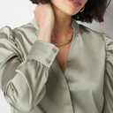 Womens Bay Leaf Satin Y Neck Ruched Shoulder Shirt Long Sleeve Tops Dressy Business Casual Blouse (M)