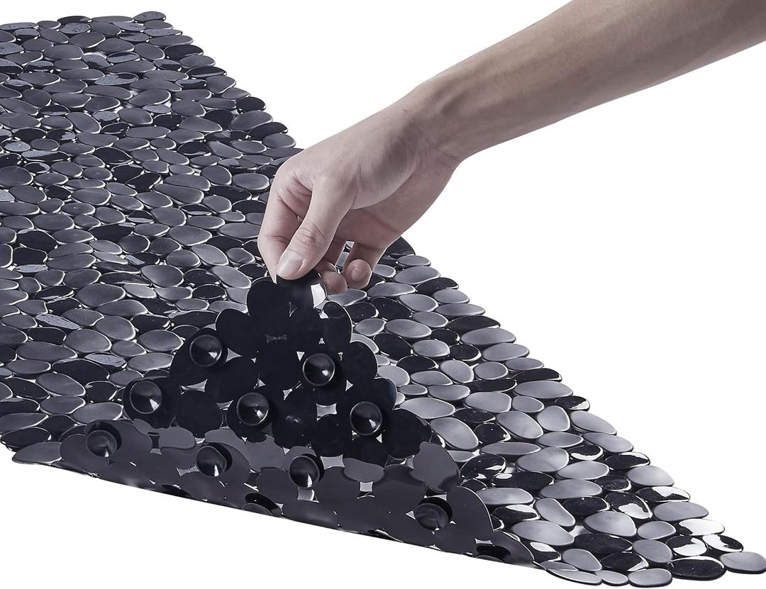 Bath Shower Mat Non Slip: Extra Large Pebble Bathtub mat for Families, Anti Slip Shower Matt with Drain Holes Suction Cups Tub Mat - 16 X 40 Inch Black