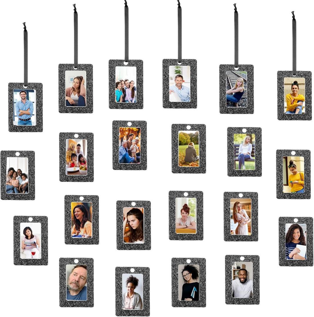 Queekay 48 Pieces Christmas Photo Ornament Frames 2 x 3 Inch Hanging Picture Xmas Gifts Glitter Mini Frames with Ribbon DIY Crafts Hanging on Christmas Trees Easter Wedding Decorations(Black)