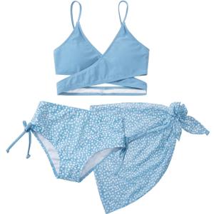 URMAGIC Girl's 3 Piece Bikini Swimsuits Printed Bathing Suit Adjustable Shoulder Straps with Cover Up, Size 12 Years (Blue)