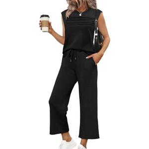 WIHOLL Two Piece Sets for Women Summer Spring Lounge Sets Travel Vacation Outfits Cap Sleeve Side Slit Wide Leg Pants , Large