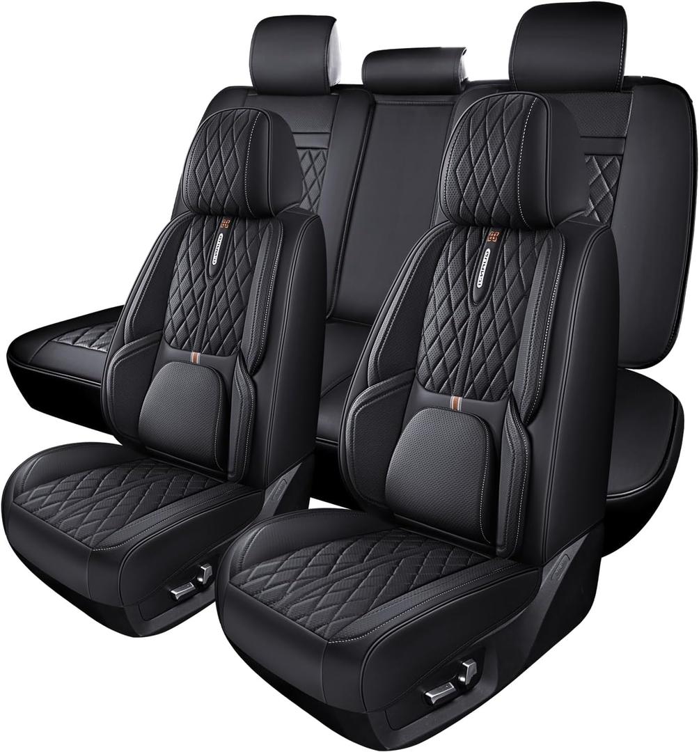 Car Seat Covers, Waterproof Faux Leather, Wear and Scratch Resistant, Universal Style, 360° Coverage, Airbag Compatible, Suitable for Most Pickup Truck, SUV, Sedan (Black, 5 seat Covers)
