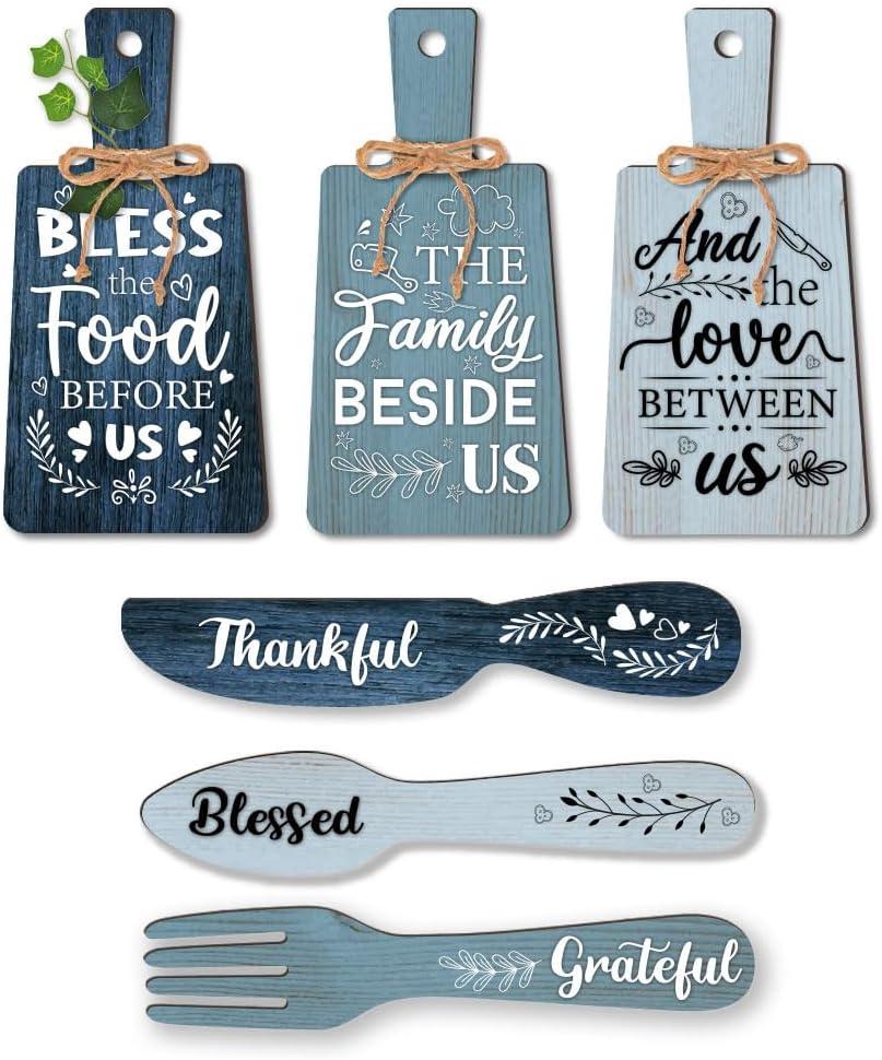 PH PandaHall 6pcs Kitchen Wall Decor Bless Food Sign Set Wall Table Accessories Wooden Pendant Decorations Mini Plaque Fork Spoon Shape Sign Rustic Style Home Dector Blue, 11x5.5 inch/11.8x2 inch