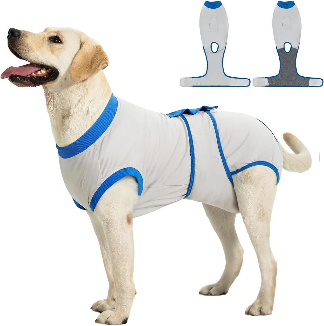 Recovery Suit for Dogs Cats After Surgery, E-Collar & Cone Alternative Surgical Suit, Prevent Licking Dog Onesies Pet Surgery Recovery Suit Soft Dog Bodysuit, Grey Blue, S 