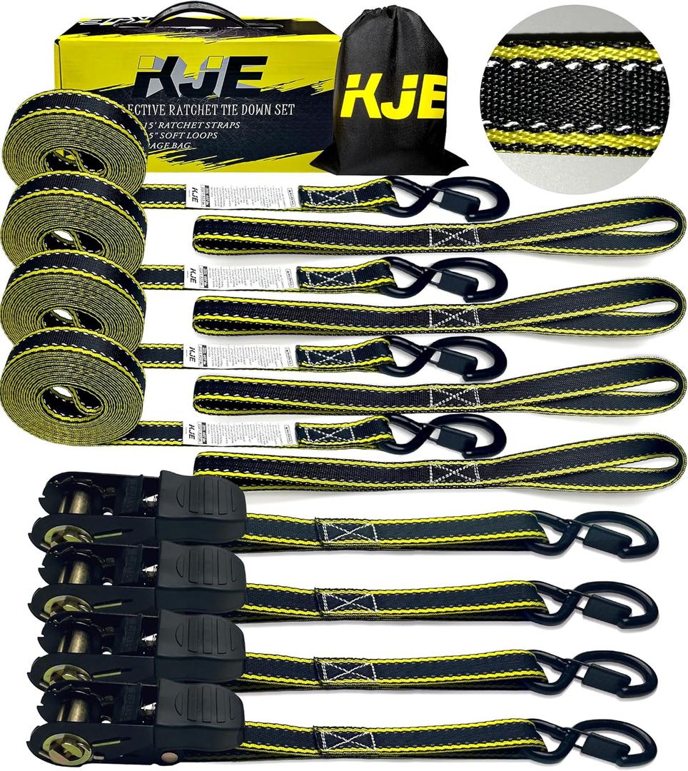 KJE Reflective Ratchet Straps, (4) 1" x 15' Tie Down Strap Sets + (4) Soft Loops, TPR Handles & Coated S Hook W/Safety Clip, 2100lb Break Strength, Cargo Strap for Motorcycle, ATV