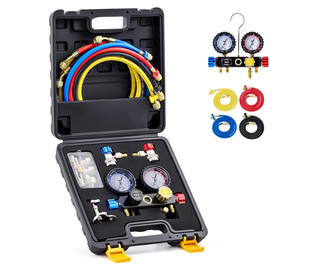 Orion Motor Tech 4 Way AC Gauge Set for R410a R22 R134a Refrigerant, 4 Valve Automotive AC Manifold with 5ft Hoses, R410a Adapters, Can Tap