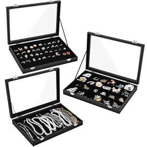 Sasylvia 3 Pcs Large Size Jewelry Display Cases Artificial Leather Jewelry Box Glass Top Display Cases, Necklace Organizer Box, Ring Organizer, Earrings Ring Holder, Black (13.8 x 9.5 x 2 Inches)