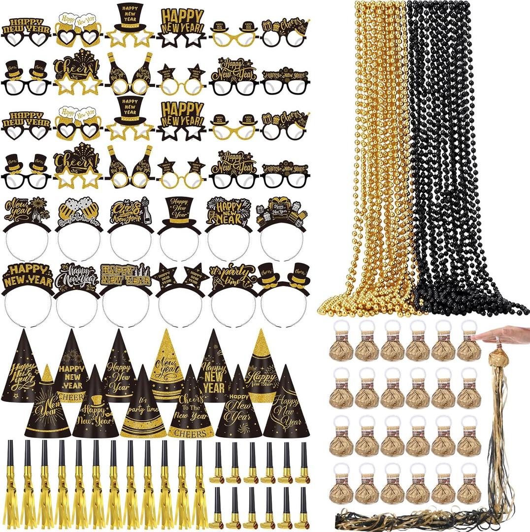 120 Pcs 2026 New Years Eve Party Supplies Set Serve 24 Guests Happy New Year Photo Props Cone Hat Blower Curled Squawker Sunglasses Beaded Necklace Headband Hand Throw Streamer Accessories