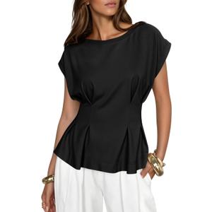 Cicy Bell Womens Peplum Tops Summer Babydoll Cap Sleeve T-Shirts Dressy Casual Crew Neck Pleated Blouses (Large, Black)