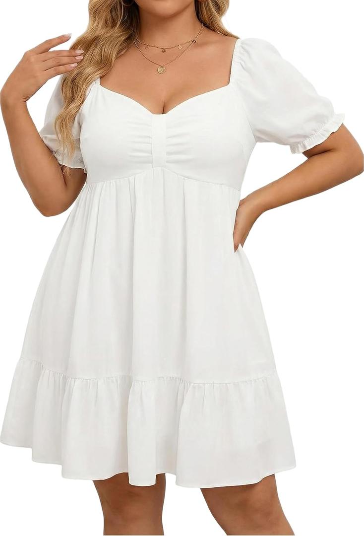 Talisea Women's Plus Size Summer Dress - Sweetheart Neck Puff Sleeve Casual Sundress Graduation Teen Babydoll Short Dresses (White)