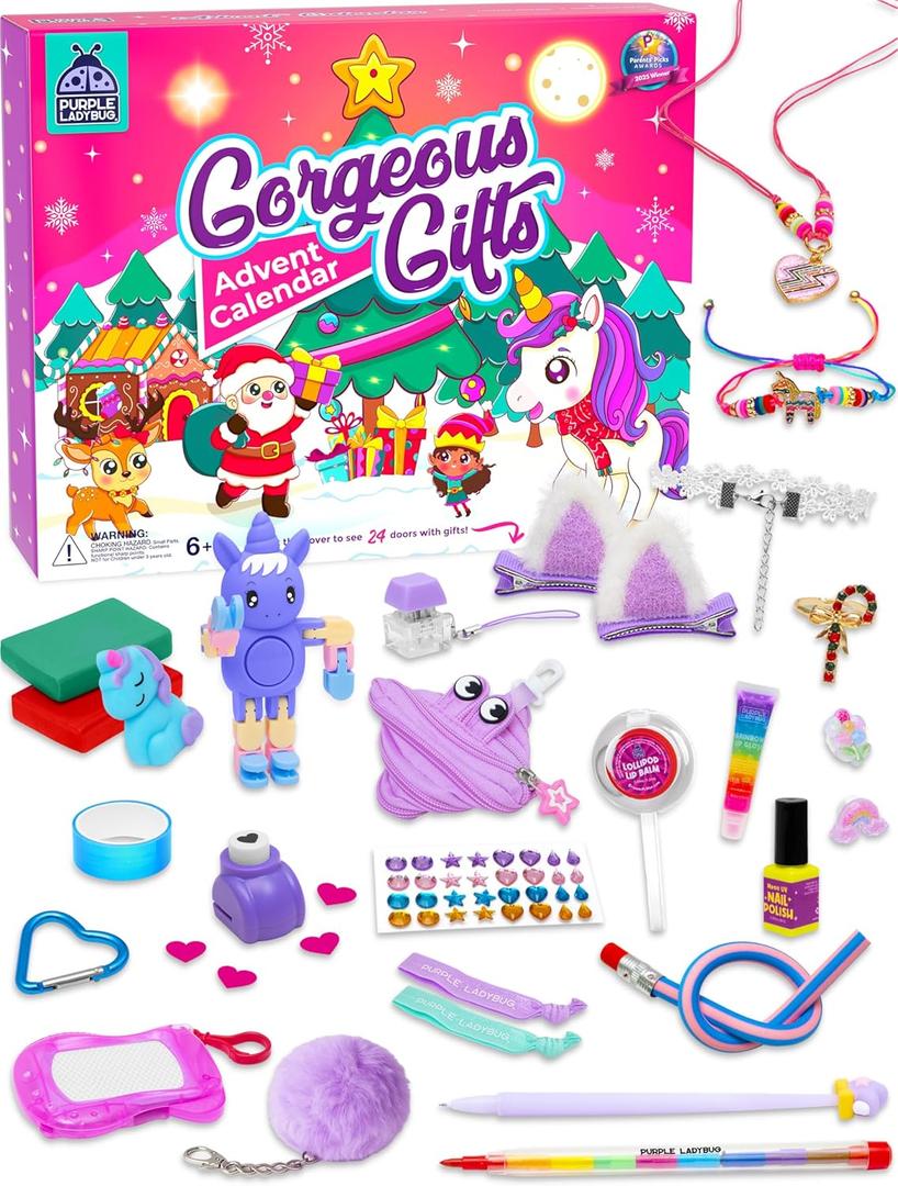 PURPLE LADYBUG Christmas Girls Advent Calendar 2024 Kids with 24 Unique Gifts - Crafts, Jewelry, Accessories & More - Tween Advent Calendar 2024 Teen Girls, Fun 24 Days Christmas Countdown for Girl 6+