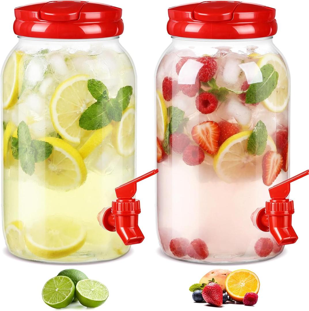 Havawish 2 Pcs 1 Gallon Plastic Beverage Dispenser with Spigot Clear Summer Kitchen Fridge Drink Dispenser for Parties Lemonade Juice Tea Beer Cold Water (Red,Cylinder)