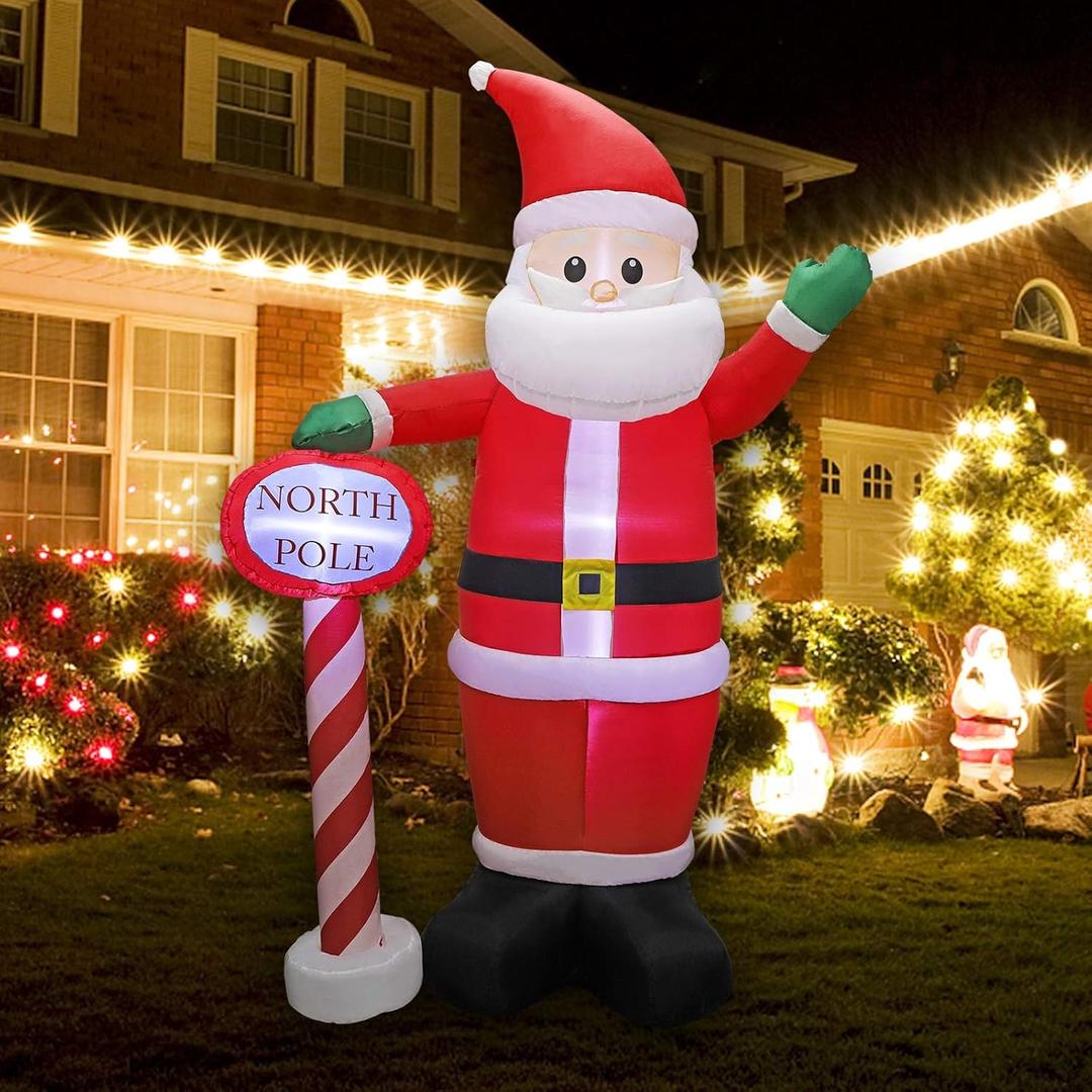 MorTime 8 FT Christmas Inflatable Santa Claus with Guidepost, Blow up Lighted Giant Wave Santa Claus North Pole with LED Lights Yard Decoration Party Display for Xmas Outdoor Decorations
