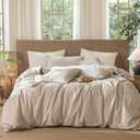MooMee Wavy Striped Duvet Cover Set 100% Washed Cotton Linen Like Textured Breathable Durable Soft Comfy (Beige, Queen 90"x90")