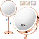 10X Large Lighted Makeup Mirror, Rechargeable 8" Height Adjustable Vanity Mirror, 1x/10x Magnifying Mirror with 3 Color, Brightness Adjustable, 360 Rotation Double Sided Mirror, Ideal Gift (Rose Gold)