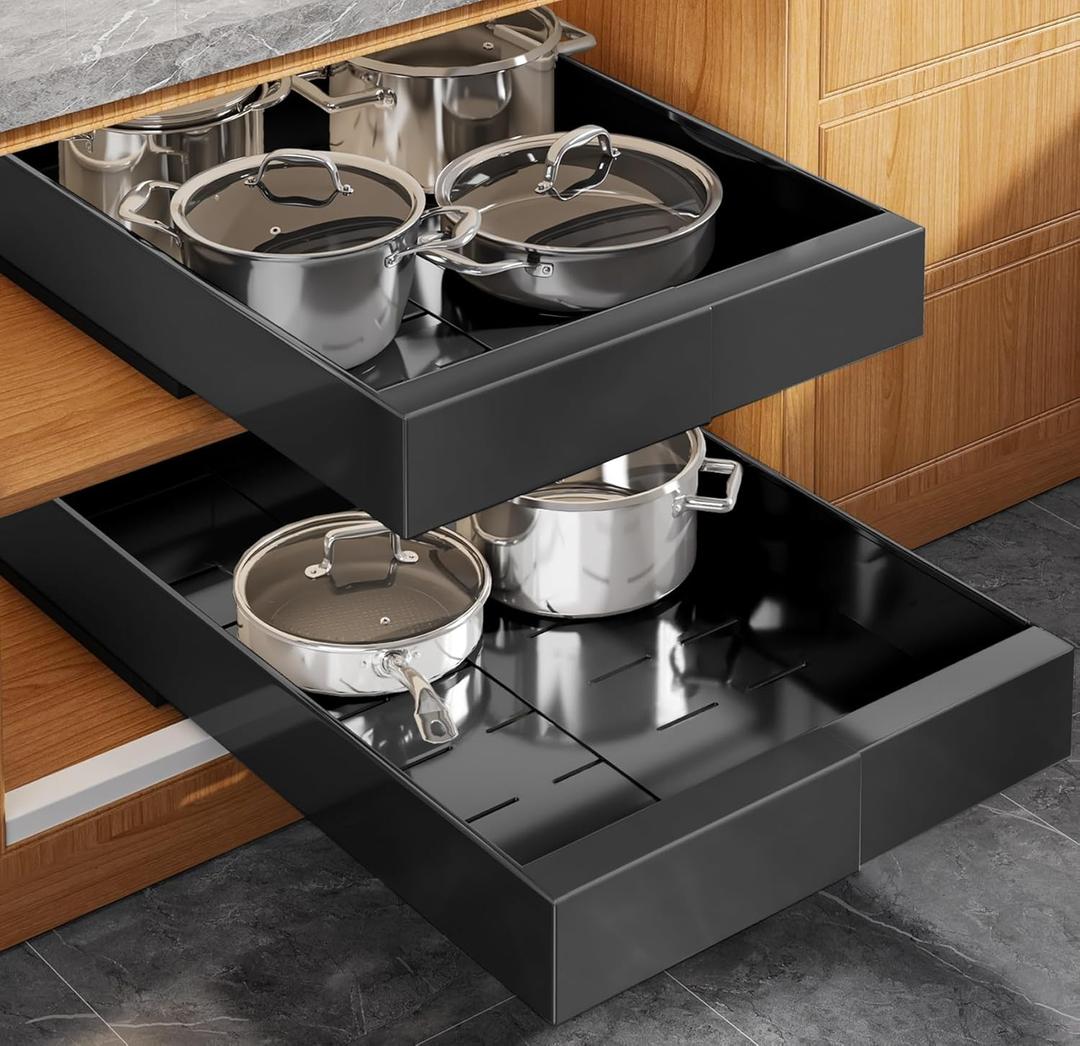 Seinloes 2 Pack Expandable (9"-14") Pull Out Cabinet Organizer 21" Deep With Raising Pad for Framed Cabinets,Upgrade 3 Slide Rails Slide Out Drawers,No Drill Roll Out Shelves Adhesive,Black