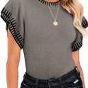 Saodimallsu Womens Short Sleeve Sweaters Tops Summer Ruffle Striped Loose Crew Neck Lightweight Soft Shirts Knit Sweater (X-Large, Grey)