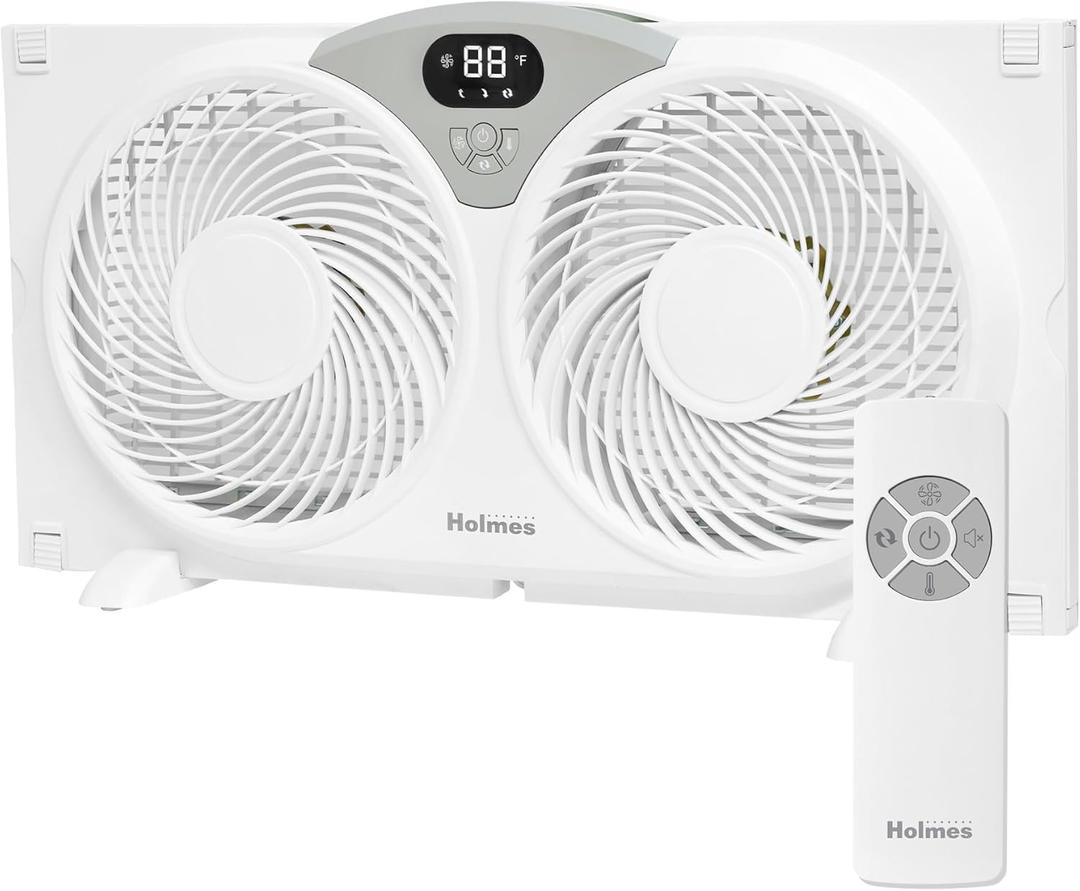 Holmes 9 Inch Digital CleanBreeze Window Fan with Programmable Thermostat Reversible Twin Blades Remote Control Water Resistant Quiet Cooling for Bedroom Living Room Home White, Large