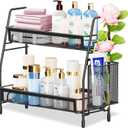 Famhap Bathroom Counter Organizer, Bathroom Organizer Countertop with Side Basket, Kitchen Countertop Organizer, Metal Spice Rack Organizer, Black 13.8"x7"x12.6"