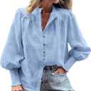 PRETTYGARDEN Womens Spring Long Sleeve Tops Dressy Casual Button Down Smocked Cuffed Office Business Work Blouses Shirts (Blue, M)