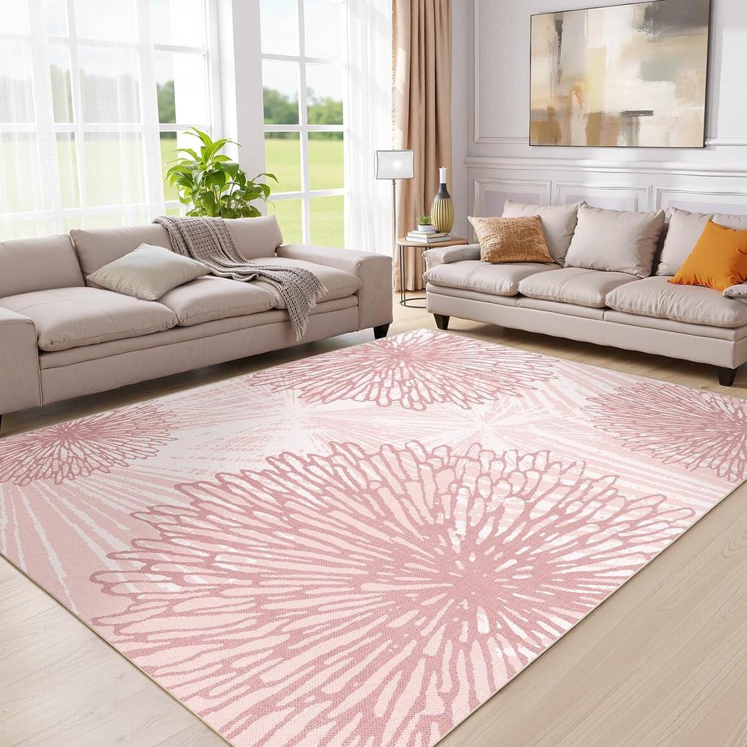 WITSHOCK Pink Rugs 8x10 for Bedroom Girls,Floral Modern Distress Print Pattern Carpet for Living Room Dining Room,Stain Resistant Anti Slip Backing Rugs for Kids Room Nursery Playroom,Light Pink