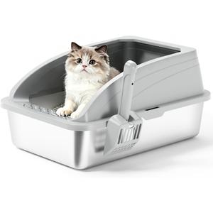 Stainless Steel Cat Litter Box with Lid, Metal Kitty Litter Box with Scoop, Non-Stick Base, Easy to Clean for Cat, Rabbit, Guinea Pigs and Hamsters - Light Gray