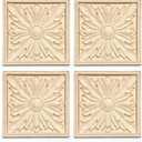 4 Pcs Decorative Wood Flower Carved Appliques Onlays, 3.9 x 3.9inch Unpainted Solid Wood Square Carving Decal for Furniture Cabinet Closet Decoration (3.9inch-4pcs-Type2)