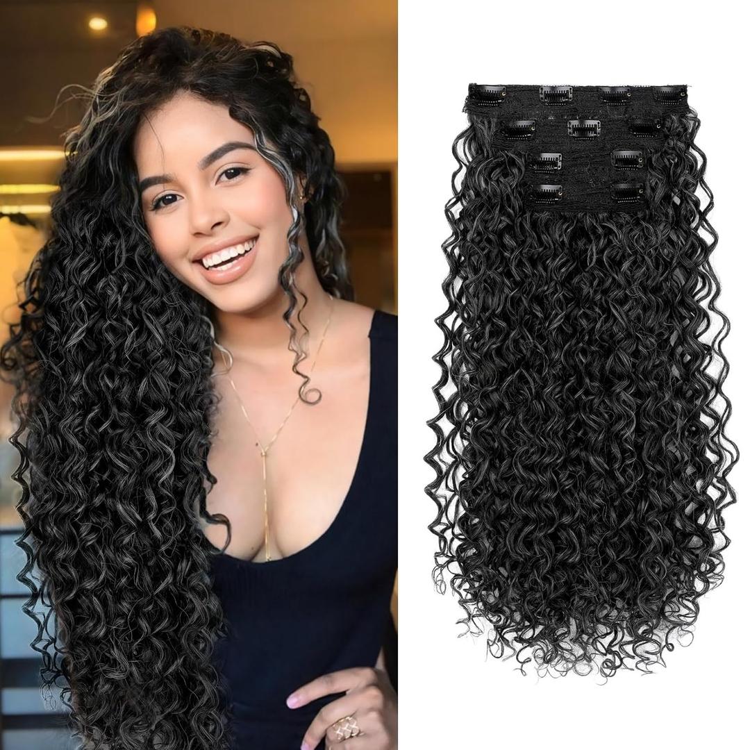 Flufymooz Clip in Hair Extensions, 4PC 100 Pure Protein Silk Hair Extensions Long Soft Natural Hairpiece 20 Inch Curly Hair Extension for Women-Black with Little Silver