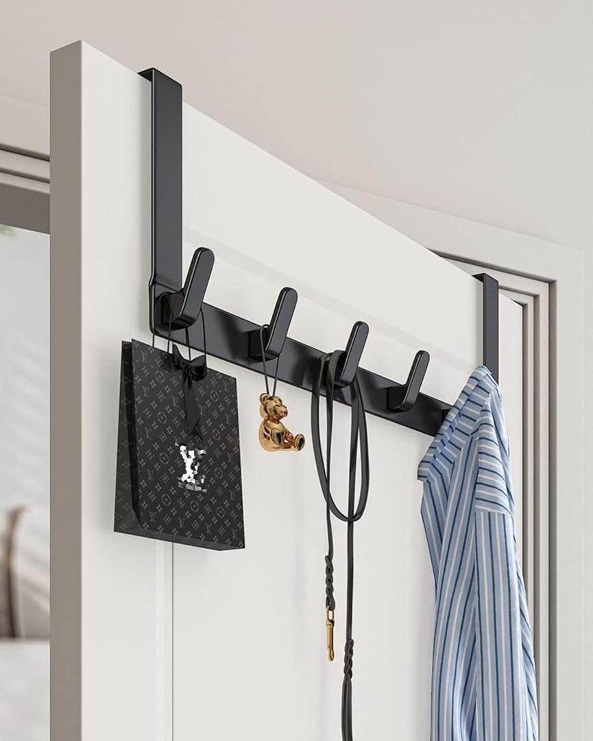 KitchLife Over The Door Hooks Hanger with Extended Arms for Easy Use by Women, Fits 1 3/4" Doors, L18U - Bathroom Accessories and Towel Rack Organization - 1 Pack, Matte Black