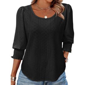 Tankaneo Womens 3/4 Length Sleeve Ladies Tops and Blouses Casual Eyelet Top Crewneck Dressy Shirts with Smocked Cuffs 2025