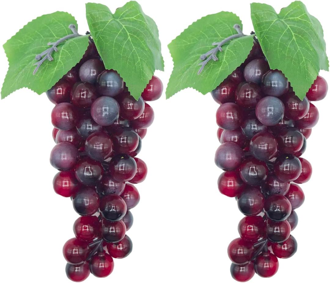 Featuman 2 Bunches Faux Grapes Decor Realistic, 8 Inch Fake Fruit Artificial Grapes for Wedding Party Cabinet Pub Fall Harvest Farmhouse Photography Props (60 Grains Purple)