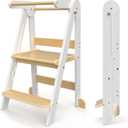 Foldable Toddler Tower Wooden Step Stool for Kids Folding Toddler Learning Tower Kitchen Helper Stand Toddlers Child Steps Stool for Bathroom, White