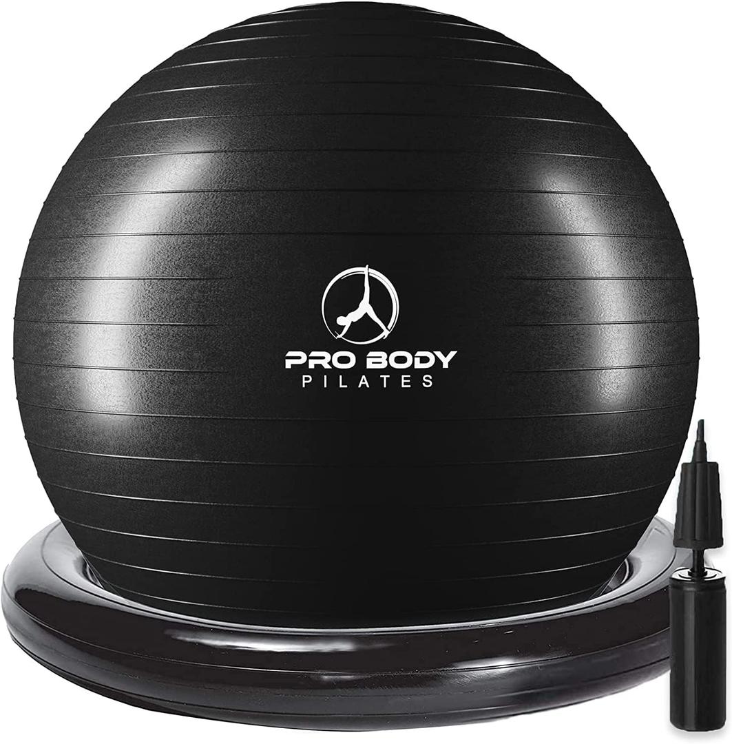 ProBody Pilates Yoga Ball Chair, Exercise Ball Chair with Base or Stand for Home Office Desk Sitting or Workout, 65cm Antiburst Balance & Stability Ball Seat, Large Gym Ball for Back, Abs (Black)