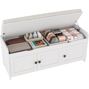 HOMEFORT 41.3" Shoe Bench with Lift Top Storage, Entryway Bench with Cushioned Seat, Wooden End of Bed Bench, Shoe Cabinet Bench with Hidden Storage Space, for Bedroom, Hallway,White