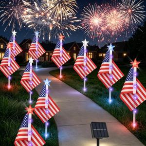 8 Pack Solar American Flag Pathway Lights - Patriotic Red White Blue Outdoor Stake Waterproof LED, Decorations 4th of July Memorial Day & Independence Day Yard Garden