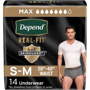Depend Real Fit Adult Diapers, Incontinence Underwear for Men, Disposable, Maximum Absorbency, Small/Medium, Grey, 14 Count